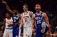NEW YORK, NEW YORK - JANUARY 13: Ben Simmons #25 of the Philadelphia 76ers reacts after making a slam dunk during the second quarter of the game against the New York Knicks at Madison Square Garden on January 13, 2019 in New York City. NOTE TO USER: User expressly acknowledges and agrees that, by downloading and or using this photograph, User is consenting to the terms and conditions of the Getty Images License Agreement. (Photo by Sarah Stier/Getty Images)