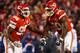KANSAS CITY, MO - JANUARY 12: Justin Houston #50 of the Kansas City Chiefs celebrates a sack against the Indianapolis Colts with teammate Chris Jones #95 during the third quarter of the AFC Divisional Round playoff game at Arrowhead Stadium on January 12, 2019 in Kansas City, Missouri. (Photo by Jamie Squire/Getty Images)