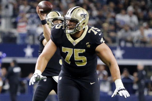 New Orleans Saints offensive guard Andrus Peat (75) during the second half of an NFL football game against the Dallas Cowboys, in Arlington, Texas, Thursday, Nov. 29, 2018. (AP Photo/Michael Ainsworth)