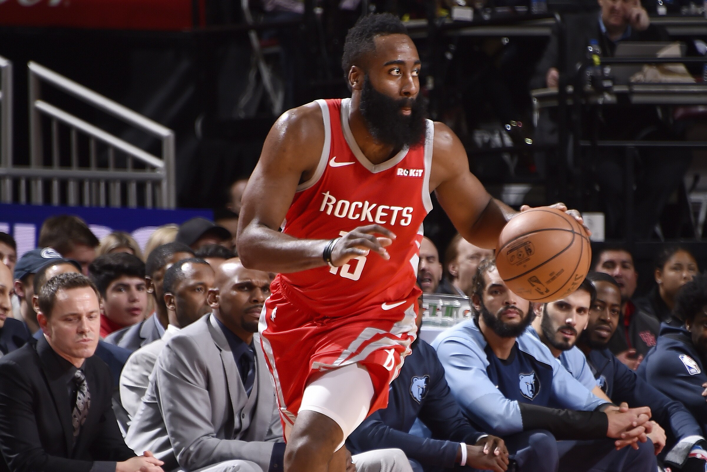 HOUSTON, TX - JANUARY 14 : James Harden #13 of the Houston Rockets dribbles the ball during the game against the Memphis Grizzlies on January 14, 2019 at the Toyota Center in Houston, Texas. NOTE TO USER: User expressly acknowledges and agrees that, by downloading and or using this photograph, User is consenting to the terms and conditions of the Getty Images License Agreement. Mandatory Copyright Notice: Copyright 2019 NBAE (Photo by Bill Baptist/NBAE via Getty Images)