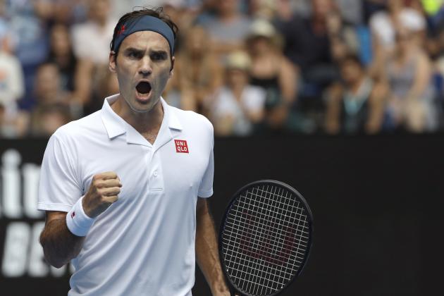 Switzerland's Roger Federer reacts after winning the first set against Britain's Daniel Evans in their second round match at the Australian Open tennis championships in Melbourne, Australia, Wednesday, Jan. 16, 2019. (AP Photo/Mark Schiefelbein)