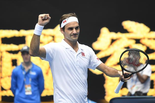 MELBOURNE, AUSTRALIA - JANUARY 16: Roger Federer of Switzerland celebrates winning his second round match against Daniel Evans of Great Britain during day three of the 2019 Australian Open at Melbourne Park on January 16, 2019 in Melbourne, Australia. (Photo by Fred Lee/Getty Images)