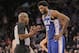 Philadelphia 76ers' Joel Embiid, right, argues with a referee during the second half of the NBA basketball game against the New York Knicks, Sunday, Jan. 13, 2019, in New York. The 76ers defeated the Knicks 108-105. (AP Photo/Seth Wenig)