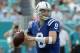 Indianapolis Colts quarterback Matt Hasselbeck (8) looks to pass during the first half of an NFL football game against the Miami Dolphins, Sunday, Dec. 27, 2015, in Miami Gardens, Fla. (AP Photo/Lynne Sladky)