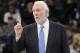 San Antonio Spurs head coach Gregg Popovich signals to his players during the second half of an NBA basketball game against the Charlotte Hornets, Monday, Jan. 14, 2019, in San Antonio. Charlotte won 108-93. (AP Photo/Darren Abate)
