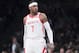 Houston Rockets forward Carmelo Anthony reacts during the first half of an NBA basketball game against the Brooklyn Nets, Friday, Nov. 2, 2018, in New York. (AP Photo/Mary Altaffer)