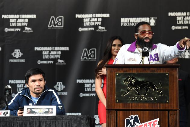WBA welterweight champion Manny Pacquiao (L) looks on as Adrien Broner speaks during a news conference at MGM Grand Hotel & Casino on January 16, 2019 in Las Vegas, Nevada. Pacquiao will defend his title against Broner on January 19 at MGM Grand Garden Arena in Las Vegas.