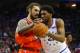 PHILADELPHIA, PA - JANUARY 19: Joel Embiid #21 of the Philadelphia 76ers drives to the basket as Steven Adams #12 of the Oklahoma City Thunder defends during the first half of a game at Wells Fargo Center on January 19, 2019 in Philadelphia, Pennsylvania. (Photo by Rich Schultz/Getty Images)