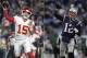 FILE - At left, in a Nov. 19, 2018, file photo, Kansas City Chiefs quarterback Patrick Mahomes throws a pass during an NFL football game against the Los Angeles Rams in Los Angeles. At right, in a Dec. 30, 2018, file photo, New England Patriots quarterback Tom Brady throws during the second half of an NFL football game in Foxborough, Mass. It seems football fans everywhere are suddenly on the Chiefs’ bandwagon, enthralled by their record-setting young quarterback and exciting offensive playmakers while hopeful that their amiable old coach can finally win the big one. Then again, maybe they’re just fans of anybody facing New England.(AP Photo/File)