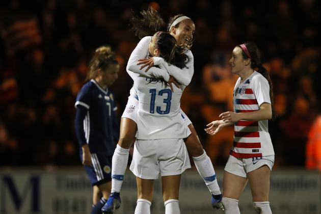 PAISLEY, SCOTLAND - NOVEMBER 13: Mallory Pugh of United States congratulates team mate Alex Morgan after she scores the opening goal during the Women's International Friendly match between Scotland and United States at The Simple Digital Arena on November 13, 2018 in Paisley, Scotland. (Photo by Ian MacNicol/Getty Images)