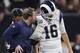 Los Angeles Rams head coach Sean McVay speaks with Jared Goff during the first half of the NFL football NFC championship game against the New Orleans Saints, Sunday, Jan. 20, 2019, in New Orleans. (AP Photo/Carolyn Kaster)
