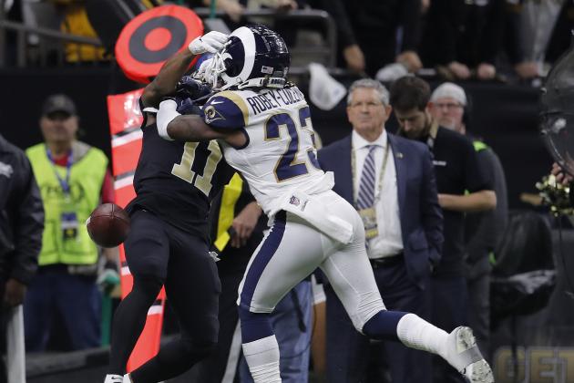 Los Angeles Rams defensive back Nickell Robey-Coleman (23) defends against New Orleans Saints wide receiver Tommylee Lewis (11) during the second half the NFL football NFC championship game Sunday, Jan. 20, 2019, in New Orleans. The Rams won 26-23.(AP Photo/Carolyn Kaster)