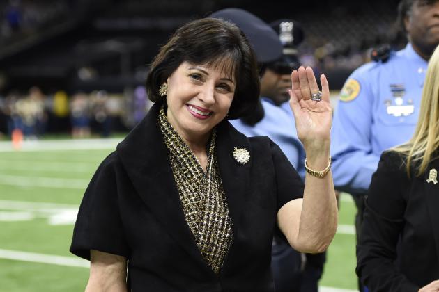 New Orleans Saints owner Gayle Benson waves on the field before an NFL football game against the Los Angeles Rams in New Orleans, Sunday, Nov. 4, 2018. (AP Photo/Bill Feig)