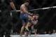 Greg Hardy knee's Allen Crowder to the head during the second round of a heavyweight mixed martial arts bout at UFC Fight Night Sunday, Jan. 20, 2019, in New York. Crowder won the fight after Hardy was disqualified for an illegal knee in the second round. (AP Photo/Frank Franklin II)