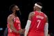 LOS ANGELES, CA - OCTOBER 20: James Harden #13 of the Houston Rockets and Carmelo Anthony #7 of the Houston Rockets talk during a break in the game against the Los Angeles Lakers at Staples Center on October 20, 2018 in Los Angeles, California. (Photo by Harry How/Getty Images)
