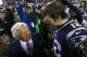 New England Patriots quarterback Tom Brady and owner Robert Kraft talk after the AFC Championship NFL football game against the Jacksonville Jaguars at Gillette Stadium in Foxborough, Mass. Sunday, Jan. 21, 2018. (AP Photo/Winslow Townson)