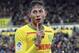 In this his picture taken on Nov. 4, 2018, Argentine soccer player, Emiliano Sala, of the FC Nantes club, western France, reacts after scoring during a soccer match against Guingam, in Nantes, France. The French civil aviation authority says Emiliano Sala was aboard a small passenger plane that went missing off the coast of the island of Guernsey. (AP Photo/David Vincent)