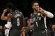 Brooklyn Nets guard D'Angelo Russell (1) reacts to a basket against the Orlando Magic during the second half of an NBA basketball game Wednesday, Jan. 23, 2019, in New York. The Nets defeated the Magic 114-110. (AP Photo/Adam Hunger)