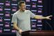 New England Patriots tight end Rob Gronkowski takes questions from reporters following an NFL football practice, Thursday, Jan. 24, 2019, in Foxborough, Mass. The Los Angeles Rams are to play the New England Patriots in Super Bowl 53 on Feb. 3, in Atlanta, Ga. (AP Photo/Steven Senne)