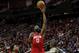 HOUSTON, TX - JANUARY 25: James Harden #13 of the Houston Rockets goes up for a shot defended by Kyle Lowry #7 of the Toronto Raptors and Serge Ibaka #9 in the first half at Toyota Center on January 25, 2019 in Houston, Texas. NOTE TO USER: User expressly acknowledges and agrees that, by downloading and or using this photograph, User is consenting to the terms and conditions of the Getty Images License Agreement. (Photo by Tim Warner/Getty Images)