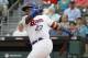 Buffalo Bisons' Vladimir Guerrero Jr. swings and misses at a pitch during the first inning of his debut with the team, in a Triple-A baseball game against the Lehigh Valley IronPigs on Tuesday, July 31, 2018, in Buffalo N.Y. (AP Photo/Jeffrey T. Barnes)