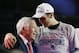 New England Patriots quarterback Tom Brady, right, celebrates with owner Robert Kraft after the NFL Super Bowl XLIX football game against the Seattle Seahawks Sunday, Feb. 1, 2015, in Glendale, Ariz. The Patriots won 28-24. (AP Photo/David Goldman)