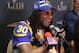 Los Angeles Rams running back Todd Gurley laughs as he speaks with reporters during a media availability ahead of the NFL Super Bowl 53 football game against the New England Patriots Wednesday, Jan. 30, 2019, in Atlanta. (AP Photo/John Bazemore)