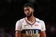 PORTLAND, OR - JANUARY 18: Anthony Davis #23 of the New Orleans Pelicans looks on during the game against the Portland Trail Blazers on January 18, 2019 at the Moda Center Arena in Portland, Oregon. NOTE TO USER: User expressly acknowledges and agrees that, by downloading and or using this photograph, user is consenting to the terms and conditions of the Getty Images License Agreement. Mandatory Copyright Notice: Copyright 2019 NBAE (Photo by Sam Forencich/NBAE via Getty Images)