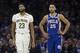 PHILADELPHIA, PA - NOVEMBER 21: Anthony Davis #23 of the New Orleans Pelicans and Ben Simmons #25 of the Philadelphia 76ers look on at the Wells Fargo Center on November 21, 2018 in Philadelphia, Pennsylvania. NOTE TO USER: User expressly acknowledges and agrees that, by downloading and or using this photograph, User is consenting to the terms and conditions of the Getty Images License Agreement. (Photo by Mitchell Leff/Getty Images)