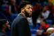 NEW ORLEANS, LOUISIANA - JANUARY 30: Injured Anthony Davis #23 of the New Orleans Pelicans reacts during the first half against the Denver Nuggets at the Smoothie King Center on January 30, 2019 in New Orleans, Louisiana. NOTE TO USER: User expressly acknowledges and agrees that, by downloading and or using this photograph, User is consenting to the terms and conditions of the Getty Images License Agreement. (Photo by Jonathan Bachman/Getty Images)