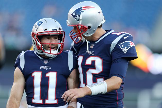 FOXBOROUGH, MA - AUGUST 9 : Tom Brady #12 of the New England Patriots talks with Julian Edelman #11 before the preseason game between the New England Patriots and the Washington Redskins at Gillette Stadium on August 9, 2018 in Foxborough, Massachusetts. (Photo by Maddie Meyer/Getty Images)