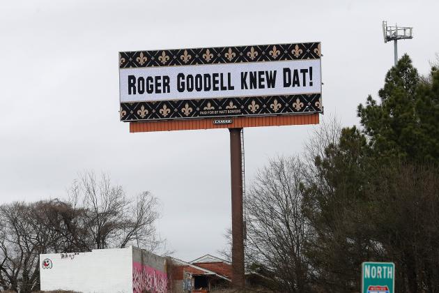 A billboard protesting a controversial call in Sunday's NFL football game between the New Orleans Saints and Los Angeles Rams is shown along I75 near Hartsfield Jackson Atlanta International Airport in Atlanta Tuesday, Jan. 22, 2019. (AP Photo/John Bazemore)
