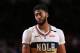 PORTLAND, OR - JANUARY 18: Anthony Davis #23 of the New Orleans Pelicans looks on during the game against the Portland Trail Blazers on January 18, 2019 at the Moda Center Arena in Portland, Oregon. NOTE TO USER: User expressly acknowledges and agrees that, by downloading and or using this photograph, user is consenting to the terms and conditions of the Getty Images License Agreement. Mandatory Copyright Notice: Copyright 2019 NBAE (Photo by Sam Forencich/NBAE via Getty Images)