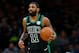 BOSTON, MA - FEBRUARY 03: Kyrie Irving #11 of the Boston Celtics dribbles the ball up court during a game against the Oklahoma City Thunder at TD Garden on February 3, 2019 in Boston, Massachusetts. NOTE TO USER: User expressly acknowledges and agrees that, by downloading and or using this photograph, User is consenting to the terms and conditions of the Getty Images License Agreement. (Photo by Adam Glanzman/Getty Images)