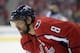 Washington Capitals left wing Alex Ovechkin (8), of Russia, stands on the ice during the second period of an NHL hockey game against the Boston Bruins, Sunday, Feb. 3, 2019, in Washington. (AP Photo/Nick Wass)