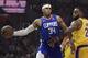 Los Angeles Clippers forward Tobias Harris, left, passes the ball as Los Angeles Lakers forward LeBron James defends during the first half of an NBA basketball game Thursday, Jan. 31, 2019, in Los Angeles. (AP Photo/Mark J. Terrill)