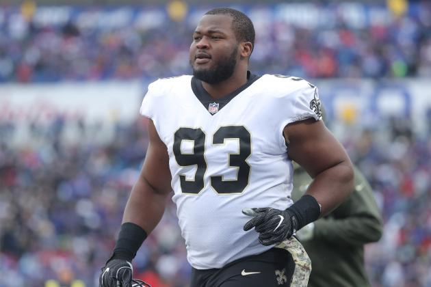 BUFFALO, NY - NOVEMBER 12: David Onyemata #93 of the New Orleans Saints during NFL game action against the Buffalo Bills at New Era Field on November 12, 2017 in Buffalo, New York. (Photo by Tom Szczerbowski/Getty Images)