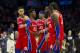PHILADELPHIA, PA - FEBRUARY 08: Ben Simmons #25, Jimmy Butler #23, Tobias Harris #33, James Ennis #11, and Boban Marjanovic #51 of the Philadelphia 76ers congratulate one another after a timeout in the second quarter against the Denver Nuggets at the Wells Fargo Center on February 8, 2019 in Philadelphia, Pennsylvania. NOTE TO USER: User expressly acknowledges and agrees that, by downloading and or using this photograph, User is consenting to the terms and conditions of the Getty Images License Agreement. (Photo by Mitchell Leff/Getty Images)