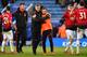 Manchester United's Norwegian caretaker manager Ole Gunnar Solskjaer (C) embraces Manchester United's Spanish midfielder Juan Mata on the pitch after the English Premier League football match between Leicester City and Manchester United at King Power Stadium in Leicester, central England on February 3, 2019. (Photo by Ben STANSALL / AFP) / RESTRICTED TO EDITORIAL USE. No use with unauthorized audio, video, data, fixture lists, club/league logos or 'live' services. Online in-match use limited to 120 images. An additional 40 images may be used in extra time. No video emulation. Social media in-match use limited to 120 images. An additional 40 images may be used in extra time. No use in betting publications, games or single club/league/player publications. / (Photo credit should read BEN STANSALL/AFP/Getty Images)