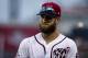 WASHINGTON, DC - JUNE 10: Bryce Harper #34 of the Washington Nationals walks to the dugout against the San Francisco Giants during the ninth inning at Nationals Park on June 10, 2018 in Washington, DC. (Photo by Scott Taetsch/Getty Images)