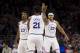 PHILADELPHIA, PA - FEBRUARY 10: Joel Embiid #21 of the Philadelphia 76ers celebrates with Jimmy Butler #23 and Tobias Harris #33 against the Los Angeles Lakers in the first quarter at the Wells Fargo Center on February 10, 2019 in Philadelphia, Pennsylvania. NOTE TO USER: User expressly acknowledges and agrees that, by downloading and or using this photograph, User is consenting to the terms and conditions of the Getty Images License Agreement.(Photo by Mitchell Leff/Getty Images)