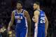PHILADELPHIA, PA - JANUARY 21: Joel Embiid #21 of the Philadelphia 76ers talks to Ben Simmons #25 against the Houston Rockets at the Wells Fargo Center on January 21, 2019 in Philadelphia, Pennsylvania. The 76ers defeated the Rockets 121-93. NOTE TO USER: User expressly acknowledges and agrees that, by downloading and or using this photograph, User is consenting to the terms and conditions of the Getty Images License Agreement. (Photo by Mitchell Leff/Getty Images)