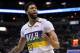 New Orleans Pelicans forward Anthony Davis (23) reacts in the first half of an NBA basketball game against the Memphis Grizzlies Saturday, Feb. 9, 2019, in Memphis, Tenn. (AP Photo/Brandon Dill)