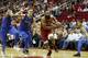 HOUSTON, TX - FEBRUARY 11: James Harden #13 of the Houston Rockets drives to the basket defended by Dwight Powell #7 of the Dallas Mavericks in the first half at Toyota Center on February 11, 2019 in Houston, Texas. NOTE TO USER: User expressly acknowledges and agrees that, by downloading and or using this photograph, User is consenting to the terms and conditions of the Getty Images License Agreement. (Photo by Tim Warner/Getty Images)