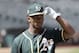 FILE - In this June 15, 2018, file photo, Oakland Athletics draft pick Kyler Murray looks on before a baseball game between the Athletics and the Los Angeles Angels in Oakland, Calif. Representatives of the Athletics and Major League Baseball met Sunday, Jan. 13, 2019, with Heisman Trophy winner Murray, a day before the Oklahoma quarterback’s deadline to enter the NFL draft, a person with direct knowledge of the session said. (AP Photo/Jeff Chiu, File)