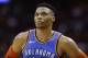 Oklahoma City Thunder guard Russell Westbrook looks at the scoreboard during the second half of an NBA basketball game against the Houston Rockets, Saturday, Feb. 9, 2019, in Houston. Oklahoma City won 117-112. (AP Photo/Eric Christian Smith)