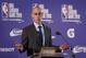 NBA commissioner Adam Silver gestures during a news conference prior to the start of an NBA basketball game between New York Knicks and Washington Wizards at the O2 Arena, in London, Thursday, Jan.17, 2019. (AP Photo/Alastair Grant)