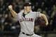 Cleveland Indians starting pitcher Trevor Bauer throws against the Chicago White Sox during the first inning of a baseball game Tuesday, Sept. 25, 2018, in Chicago. (AP Photo/Nam Y. Huh)