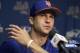 New York Mets pitcher Jacob deGrom ponders a question as he speaks to the media following spring training baseball practice Thursday, Feb. 14, 2019, in Port St. Lucie, Fla. (AP Photo/Jeff Roberson)