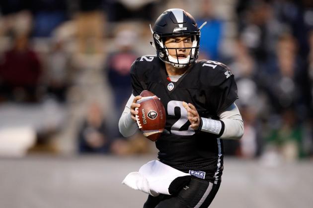 BIRMINGHAM, ALABAMA - FEBRUARY 10: Luis Perez #12 of Birmingham Iron looks to pass during an Alliance of American Football game against the Memphis Express at Legion Field on February 10, 2019 in Birmingham, Alabama. (Photo by Joe Robbins/AAF/Getty Images)